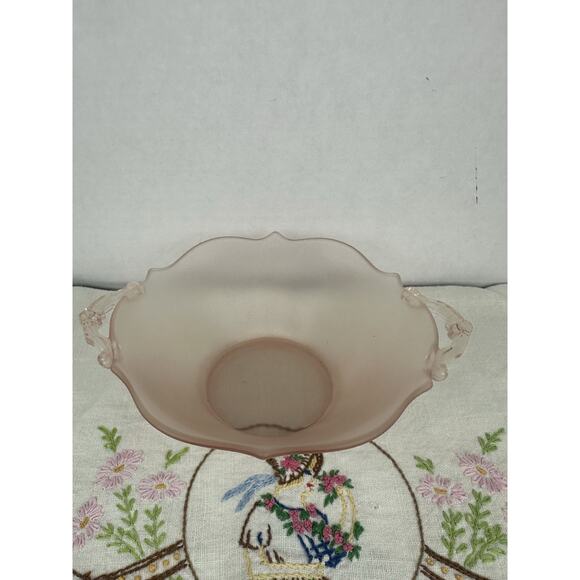 Vintage Lancaster Depression Glass Frosted Pink Double Handle Small Bowl Elegant - Picture 2 of 5